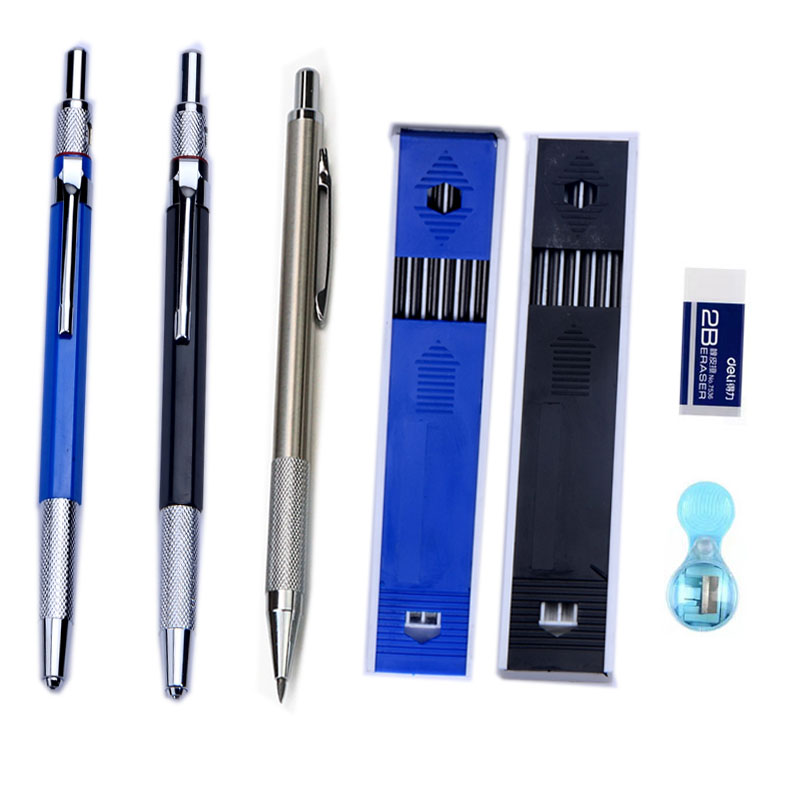 Solid Carpenter Pencil Set With 12 Refill Leads Built-in Sharpener Marking Tool Woodworking Deep Hole Mechanical Pencils